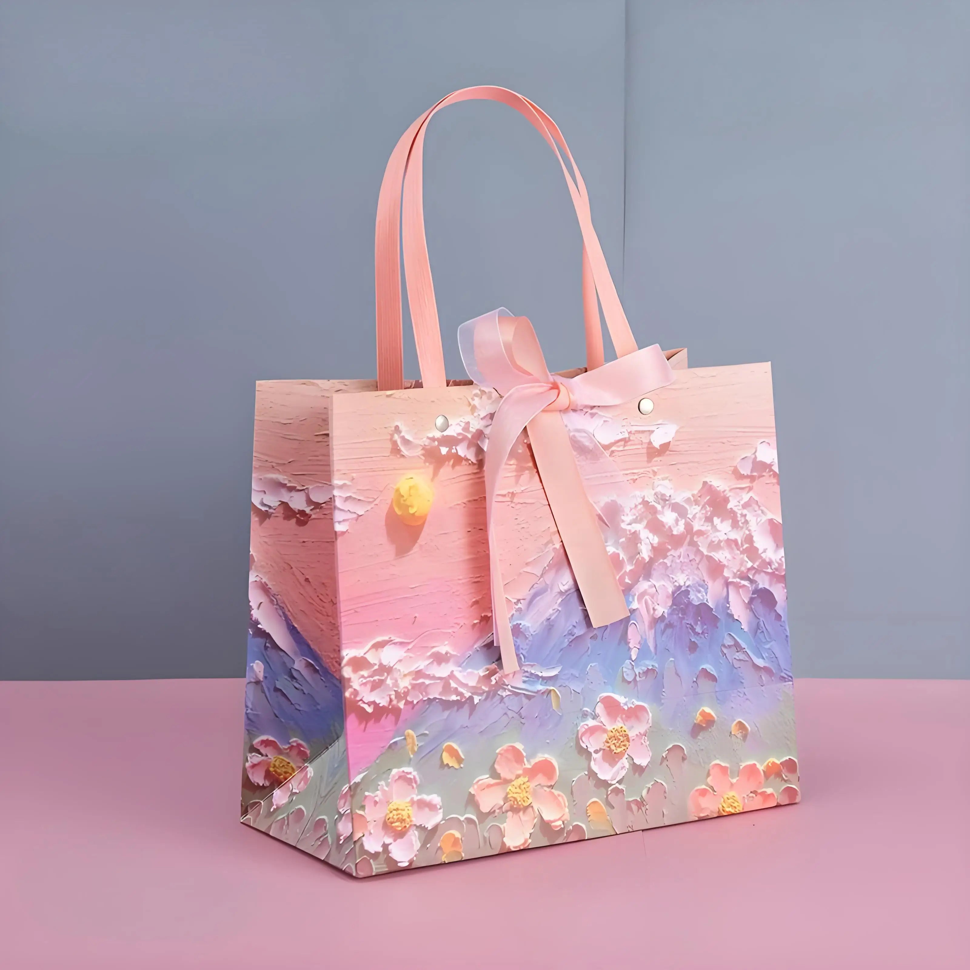 Yunshan High-End White Gift Bag Petal Oil Painting Ins Healing Design for Birthday Cosmetics Shoes-Versatile Tote for Shopping