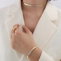 Non Tarnish 18k Gold Plated Stainless Steel CZ Zircon Pave Herringbone Flat Snake Chain Collar Necklace and Bracelet Jewelry Set