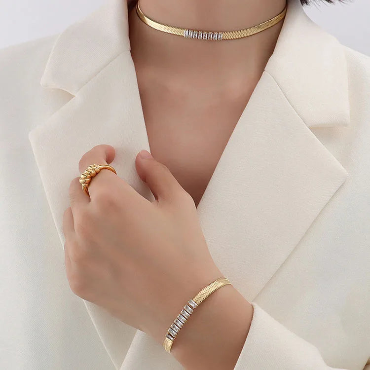 Non Tarnish 18k Gold Plated Stainless Steel CZ Zircon Pave Herringbone Flat Snake Chain Collar Necklace and Bracelet Jewelry Set
