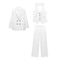 Female Double Breasted Vest Solid OL Suits 3 Pieces Sets Long Sleeves Blazer Loose Trouser Women's Elegant Blazer Vest Pant
