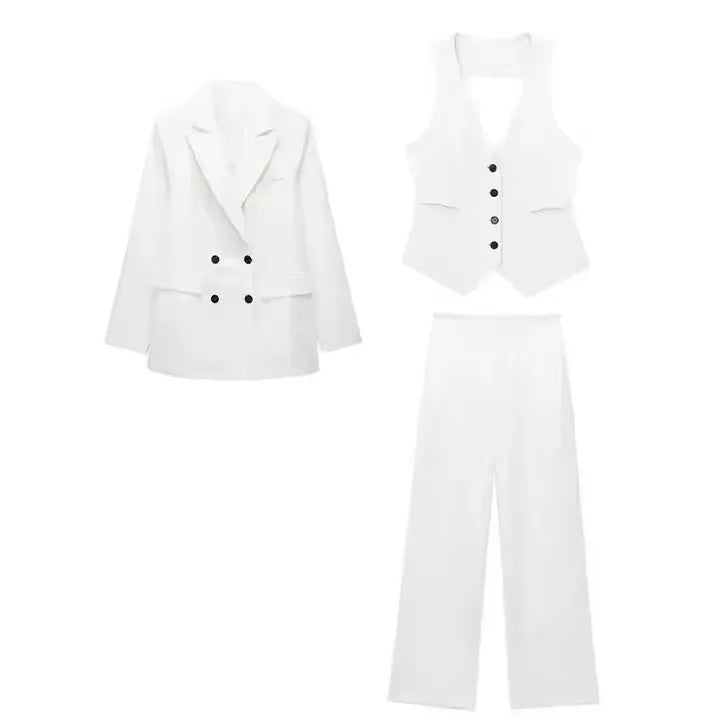 Female Double Breasted Vest Solid OL Suits 3 Pieces Sets Long Sleeves Blazer Loose Trouser Women's Elegant Blazer Vest Pant