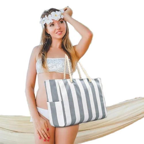 Strong Quality Durable Lightweight Solid Color Beach Tote Canvas Cotton Bag Large Capacity Summer Autumn Zipper Rope Handles for