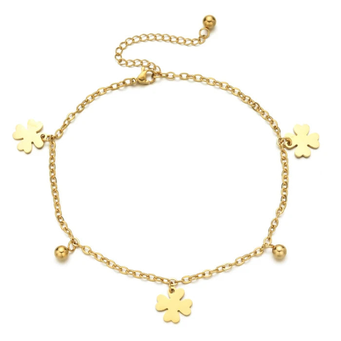 Summer Beach Foot Leg Bells Anklet Jewelry 18k Gold Plated Stainless Steel Cheap Wholesale Four Leaf Clover Anklets for Women