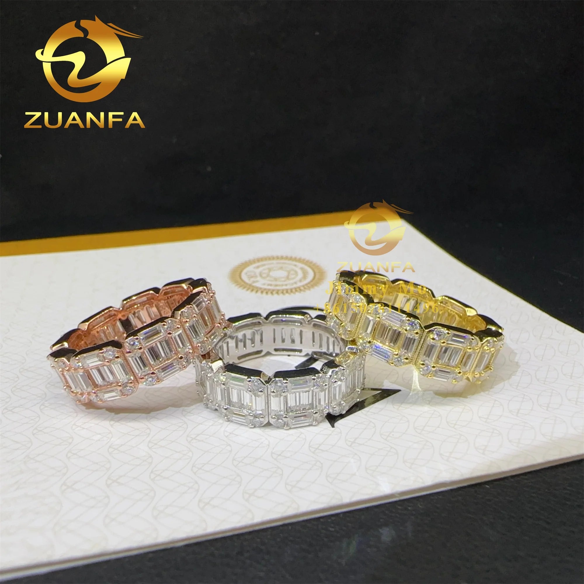 Luxury 925 Solid Silver 14k Gold Plated Iced Out Hip Hop Vvs Baguette Moissanite Diamond Full Band Eternity Band Ring Man