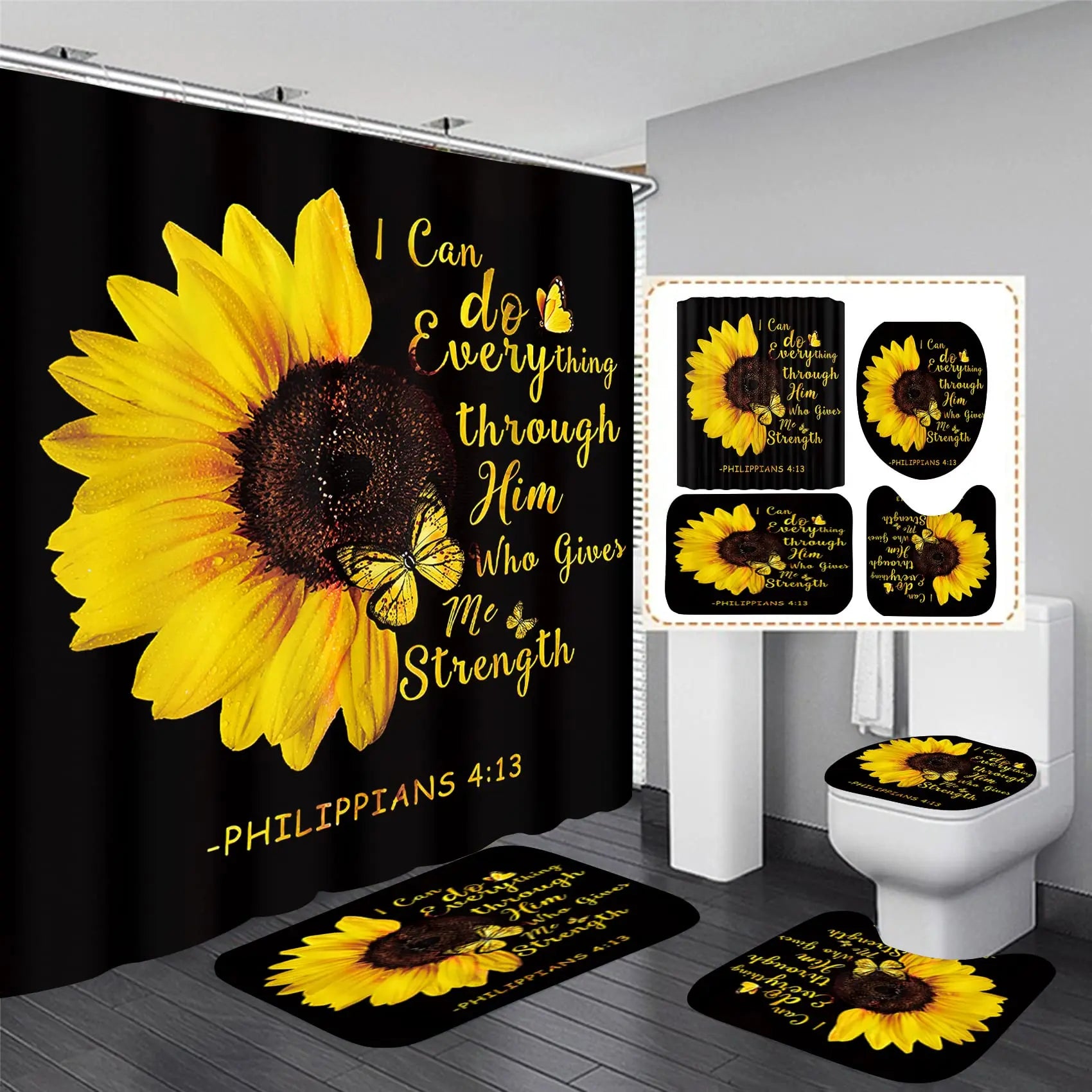 Sunflower Shower Curtain Sets 4 Piece Butterfly Bathroom Decor Sets with Rugs Include Waterproof Shower Curtain
