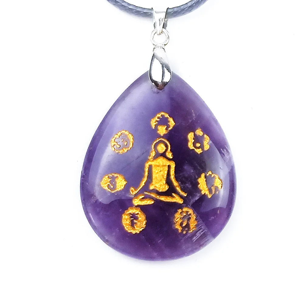 HZ Natural Teardrop Shape pendants carved Amethyst Yoga chakra pendant necklace natural crystal Reiki Chakra chakra crystal set