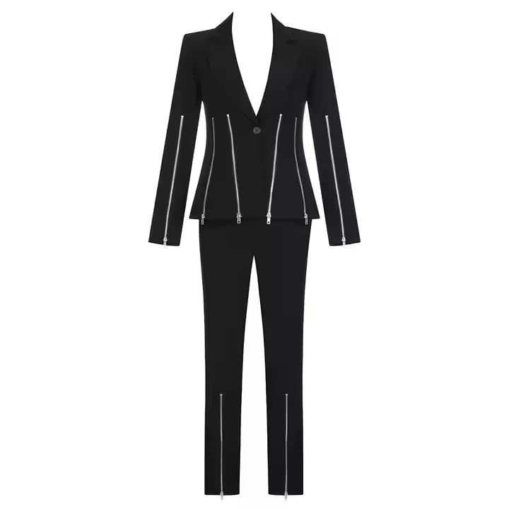 A3404 Autumn Winter Black Women Club Wear Two Piece Pant Set With Luxury Zip Long Sleeve Top Elegant 2pccs Women Suit