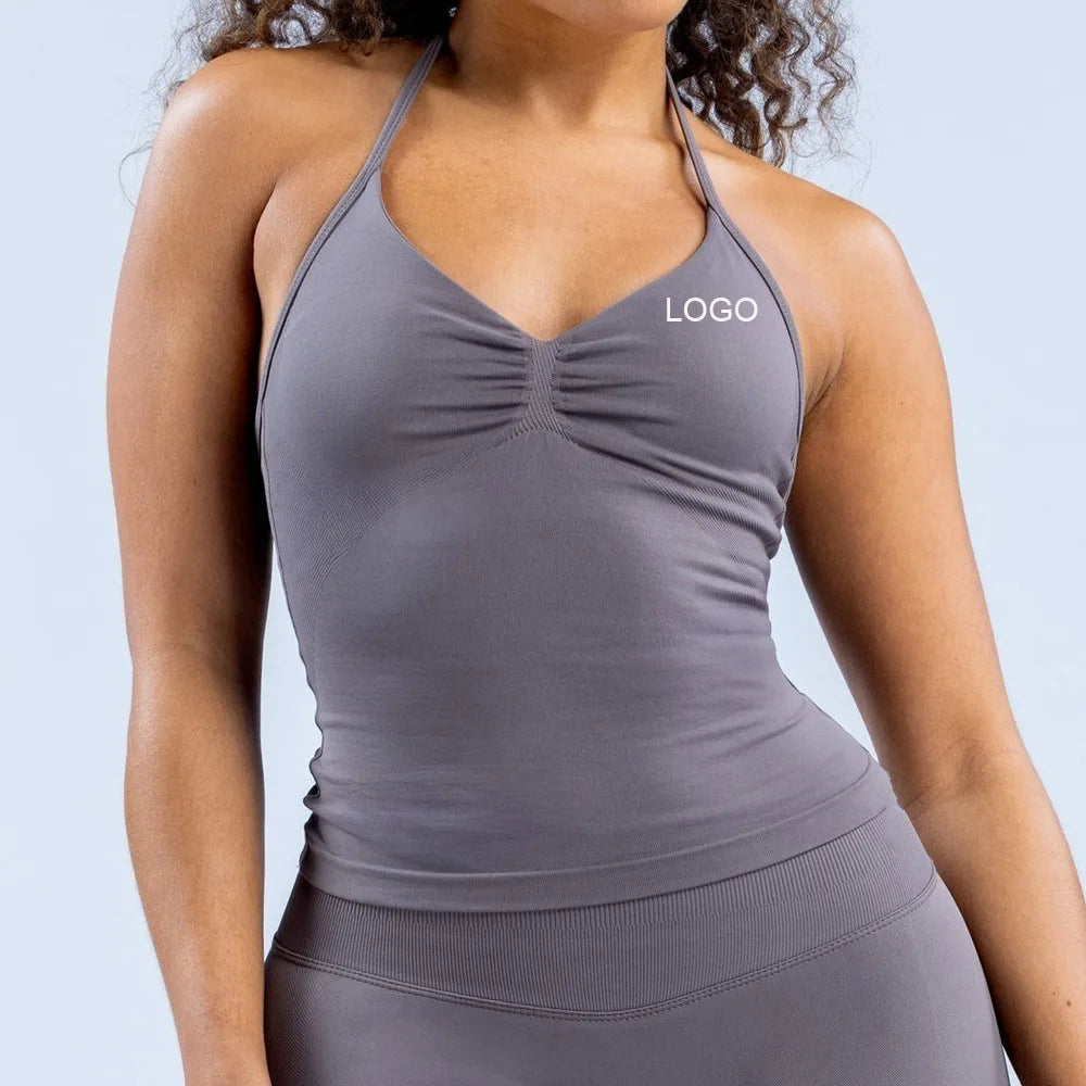 New Arrival Women's High Quality Sportswear Custom Logo Seamless Halter Neck Padded Singlet Gym Yoga Tank Top MegaBDM
