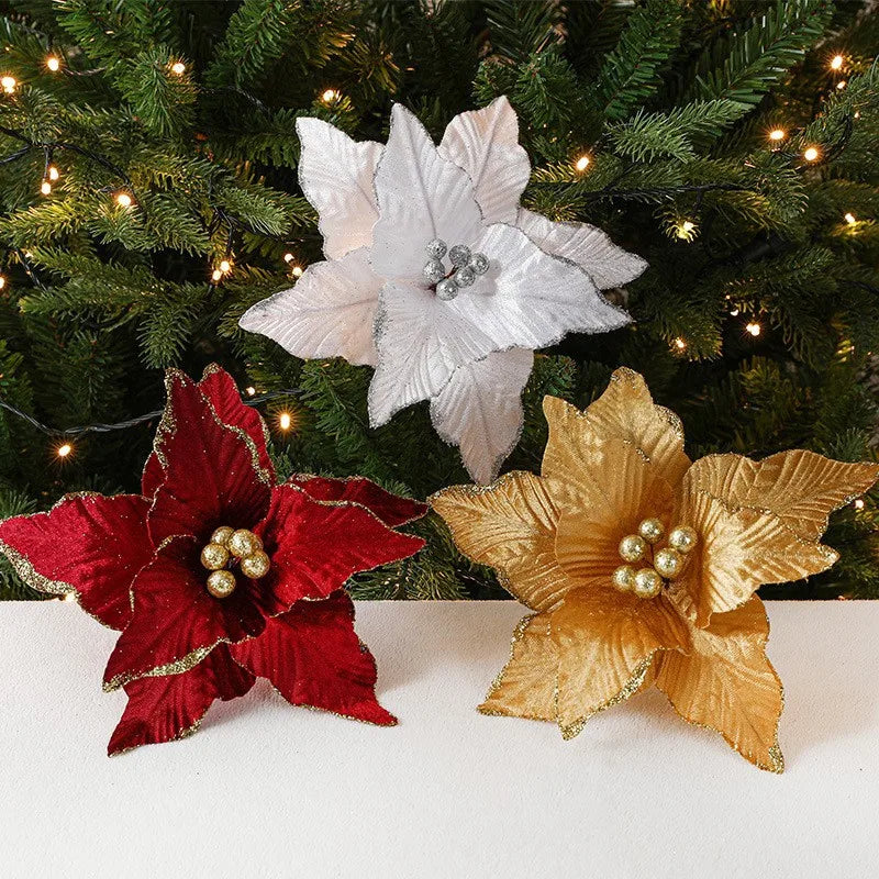 Christmas Flowers 26cm Burgundy Flannel Simulation Christmas Flowers Leaves Wreath DIY Decorations Hangings
