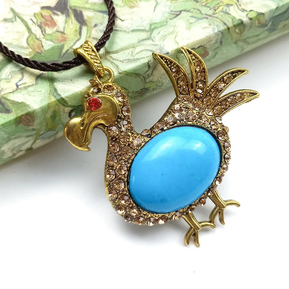 HZ Crystal Crafts Yellow Gold Plated Solid Alloy Blue Turquoise Phoenix Pendant Retro Ethnic Style Jewelry