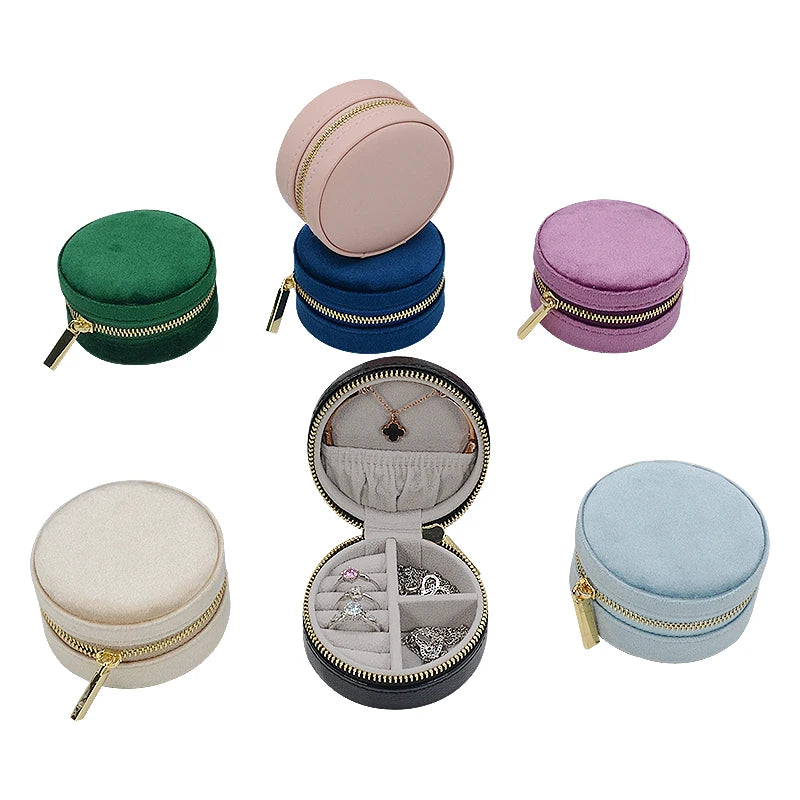 Custom Logo PU Leather Small Round Travel Jewellery Packaging Gift Box Organizer Velvet Jewellery Storage Case Jewelry Boxes