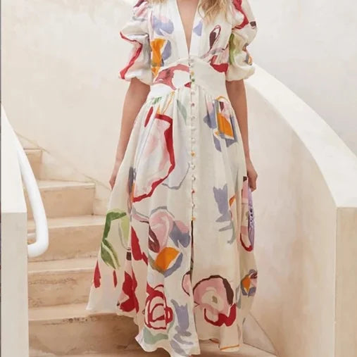 Women's Summer New Deep V-Neck High Waist Slim Fit Chiffon Print Beach Holiday Boho Dress