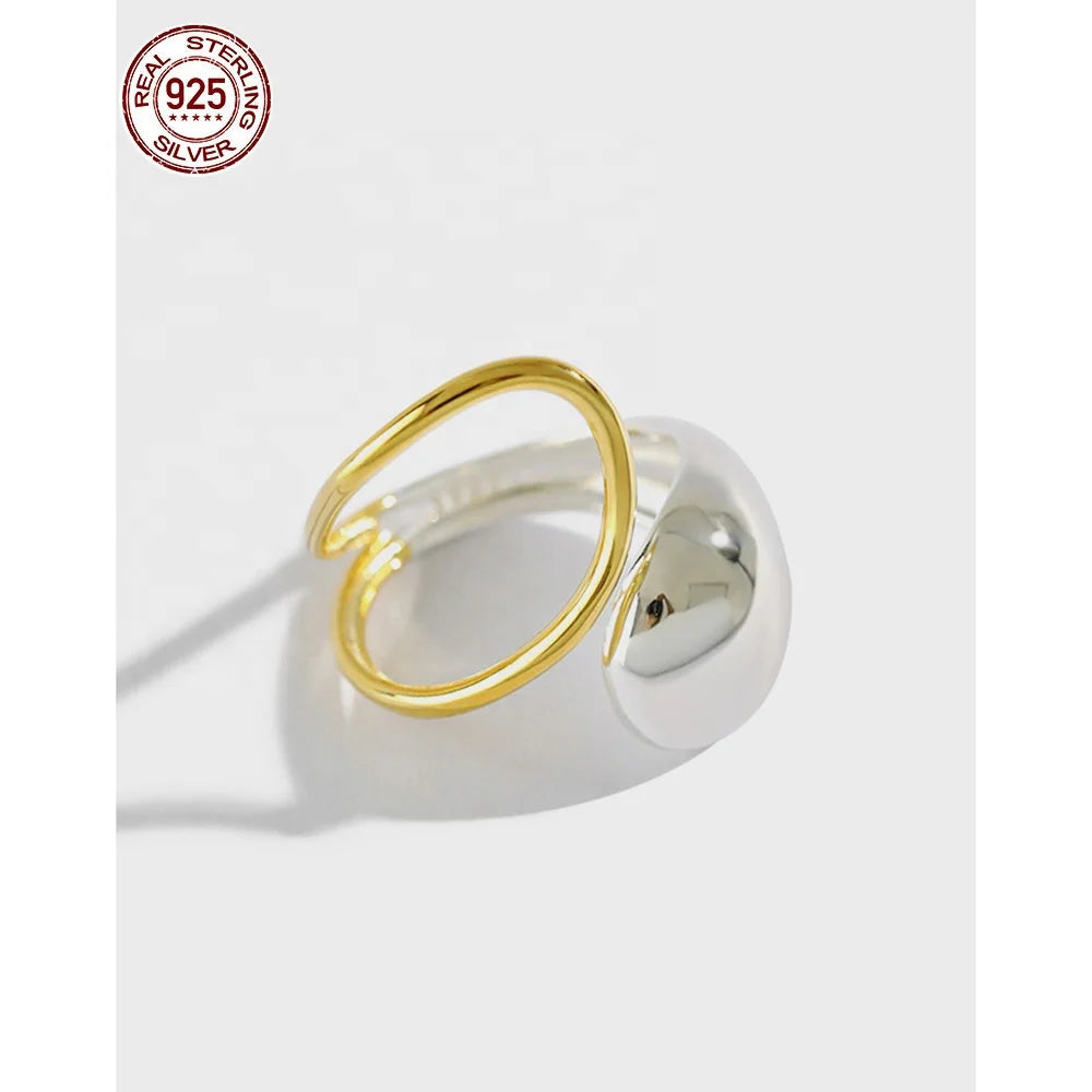Unique Adjustable Hollow Out Water Drop Contrasting Colors Gold Plated S925 Sterling Silver Open Ring