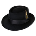 100% Wool Felt Black Porkpie Hat Mens Blocked Hat Fedora with Satin Ribbon Stiff Wide Brim Dress Hats for Men