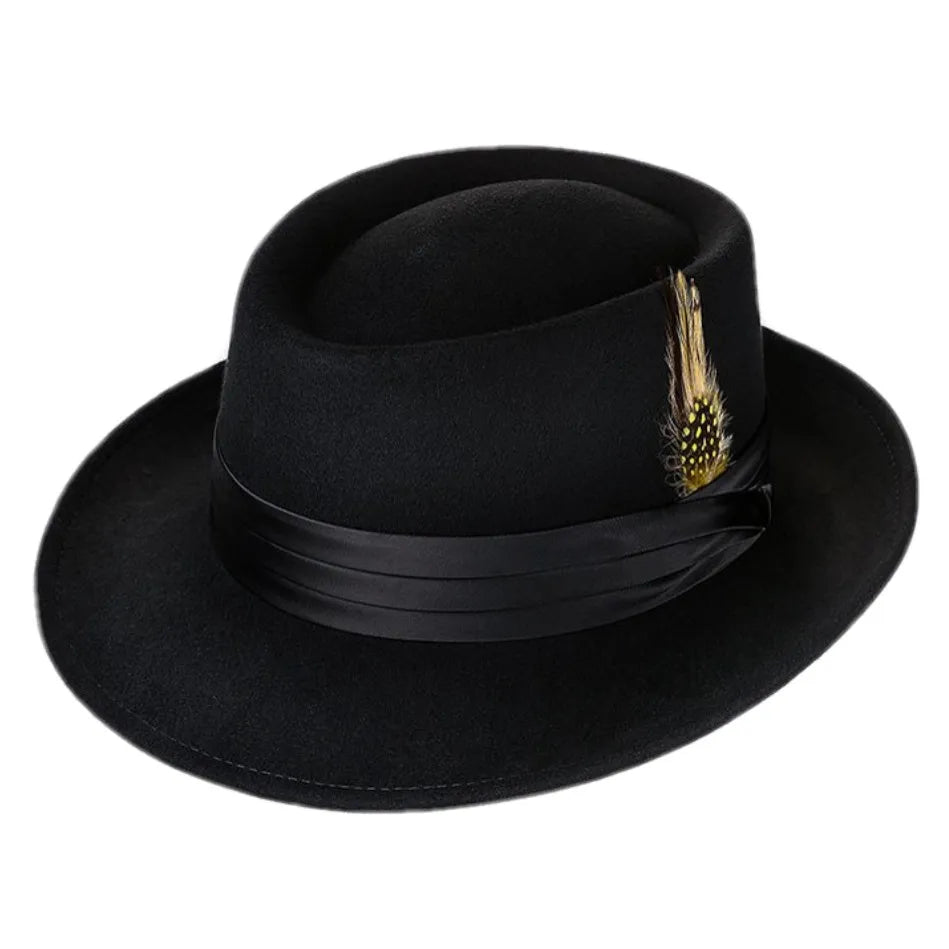 100% Wool Felt Black Porkpie Hat Mens Blocked Hat Fedora with Satin Ribbon Stiff Wide Brim Dress Hats for Men