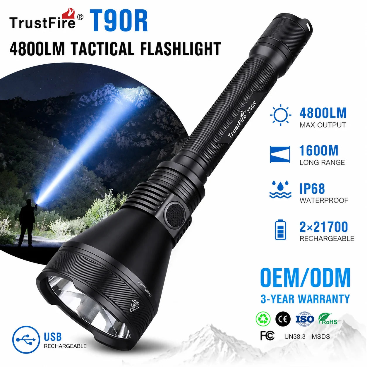TrustFire T90R 4800LM LED Tactical Flashlight 1600m Long Range USB Rechargeable IP68 Waterproof Torch for Hunting Search Outdoor