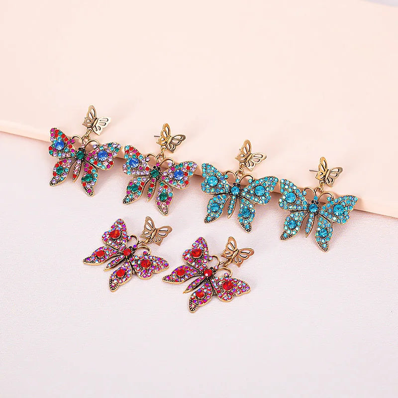New Gold Plated Full Diamond Butterfly Earrings Colorful Rhinestone Crystal Large Butterfly Stud Earrings