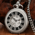 Luxury Silver Manual Mechanical Gear Skeleton Pocket Watch Roman Numerals Hollow Steampunk Men Watch with Fob Chain for Gift