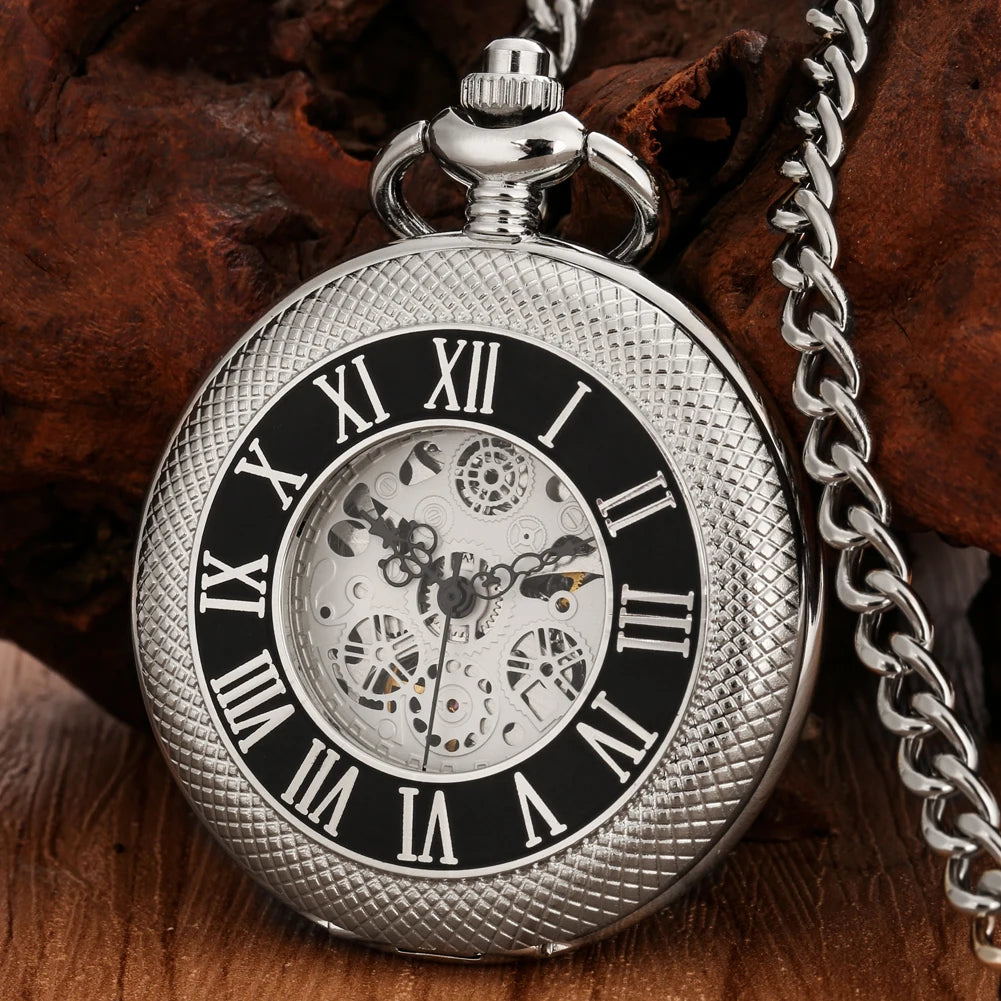 Luxury Silver Manual Mechanical Gear Skeleton Pocket Watch Roman Numerals Hollow Steampunk Men Watch with Fob Chain for Gift