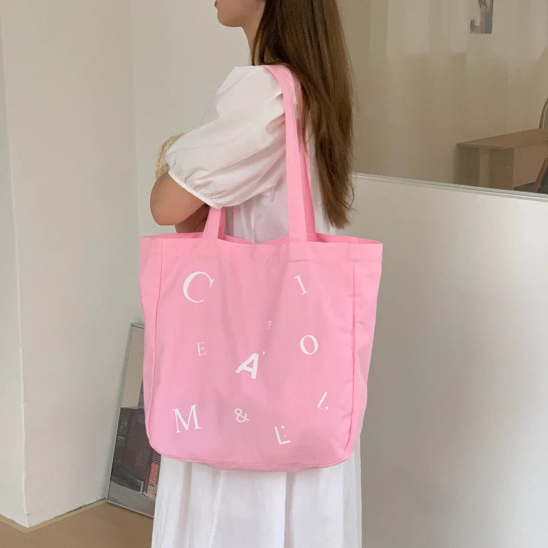 Candy Color Letter Print Women's Shoulder Bags Commute Ladies Tote Shopping Bag Double-sided Portable Female Travel Handbags
