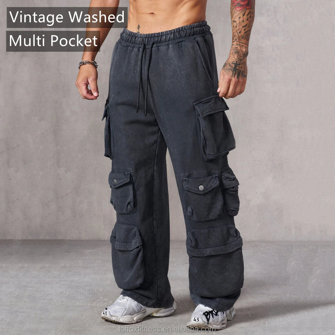 Custom Embroidered Elastic Waist Hip Hop Retro Loose Vintage Streetwear Acid-Washed 100% Cotton Joggers Multi Pocket Wide Leg