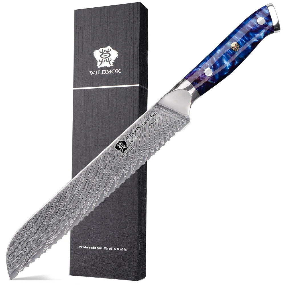 WILDMOK Damascus Serrated Steel Bread Knife 8 Inches Serrated Bread Knife Ergonomic Full Tang Resin Handle