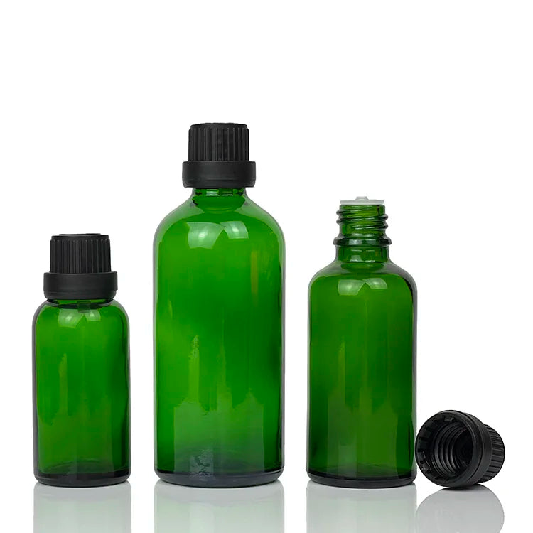 Green Amber Glass Essential Oil Bottles 5ml to 100ml Capacity Flat Shape with Screw Cap Mini Eye Drop Plug for Skin Care Serums