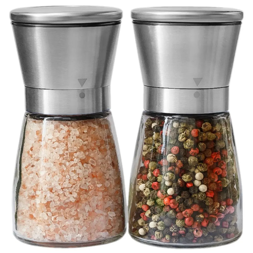 OEM Laser Logo Kitchen Pepper Mill Grinders Stainless Steel Manual Salt and Pepper Grinder Set Glass Jar Spice Glass Bottle