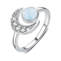 Fine Jewelry 925 Sterling Silver Zircon Crescent Moon and Opal Sun Adjustable Open Ring
