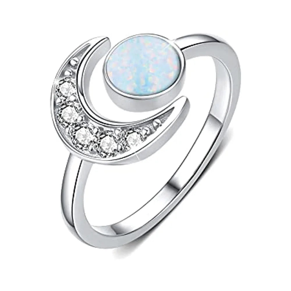 Fine Jewelry 925 Sterling Silver Zircon Crescent Moon and Opal Sun Adjustable Open Ring