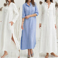 Plus Size Loose Women Long Sleeve Dress Stand-up Collar Button Down Shirt Dress