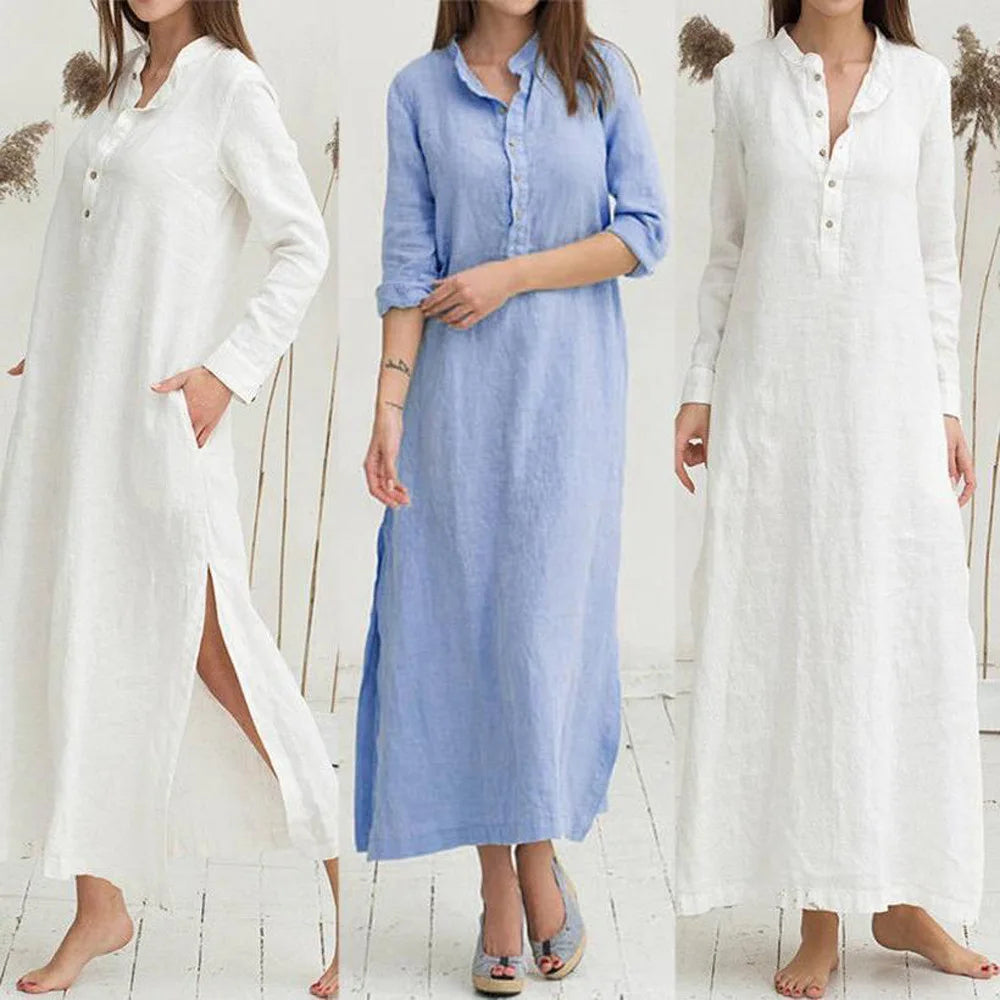 Plus Size Loose Women Long Sleeve Dress Stand-up Collar Button Down Shirt Dress