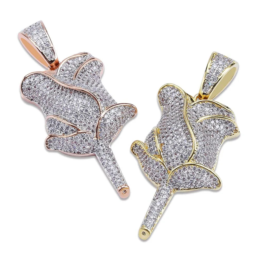Exquisite Jewelry Gold Silver Rose Gold Micro Inlay Powder Zirconium Ice Hip Hop Cream Rose Pendant Valentine's Gift Necklace
