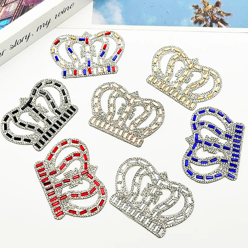 Multi Color Fashion 5.5*8cm Crystal Crown Rhinestone Sheet  Iron on Rhinestone Patches Gold Crown Patch for Clothing