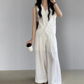 Wholesale Casual Linen Sleeveless Vest Pockets Pants Solid Color Pant Set Women Linen Set