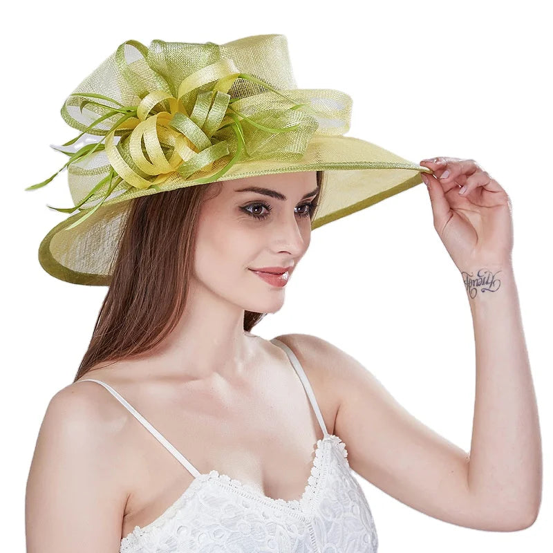 Fashion Women Sun Hat Mustard Green Wide Brim Kentucky Derby Sinamay Church Party Hats for Woman Luxury with Mesh Feather