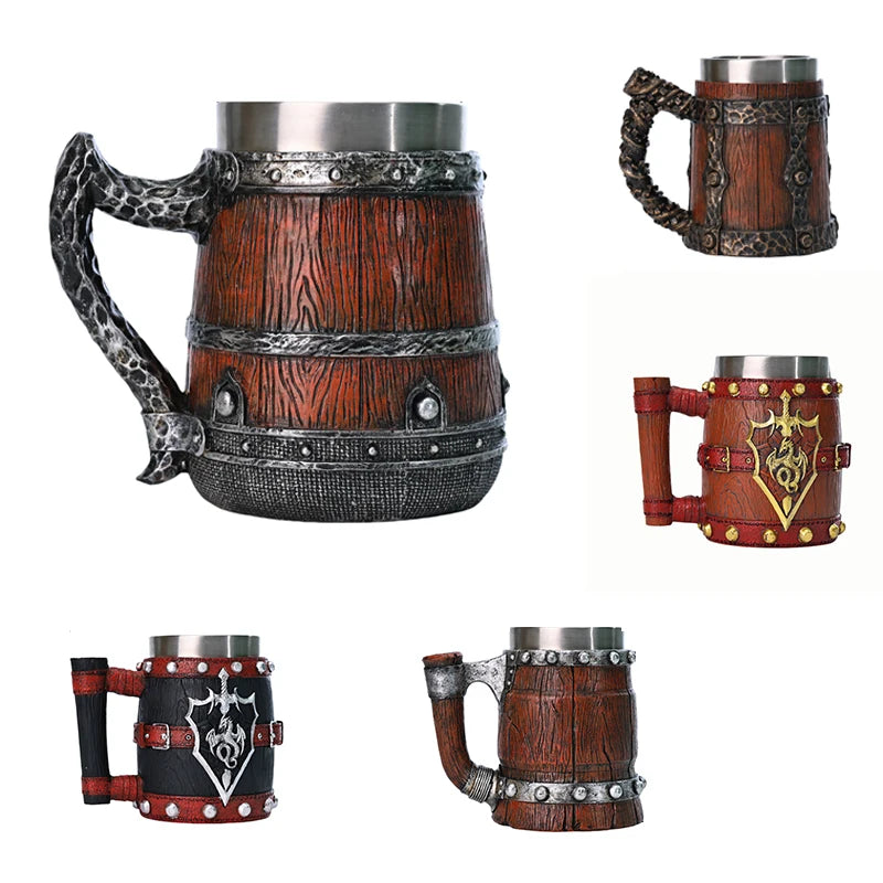 2025 New Stainless Steel Mug MCA101 Medieval Pirates Wooden Mug Handmade Large Capacity Draft Beer Cup Collection