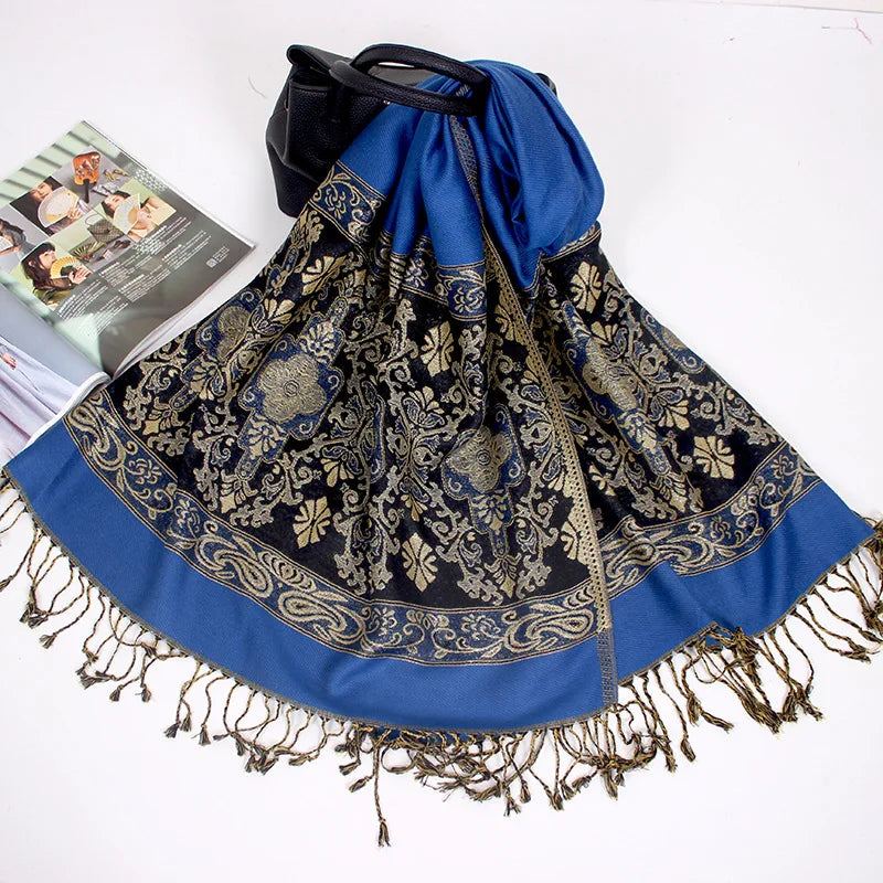 Women's 100% Polyester Jacquard Pashmina Shawl Cross Paisley Flowers Pattern Winter Scarf for Autumn Season