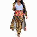 Hibiscus Polynesian Yellow Stripe Print Plus Size Flat Front High Waist Winter Casual 2 Piece Pant Set Women Long Sleeve
