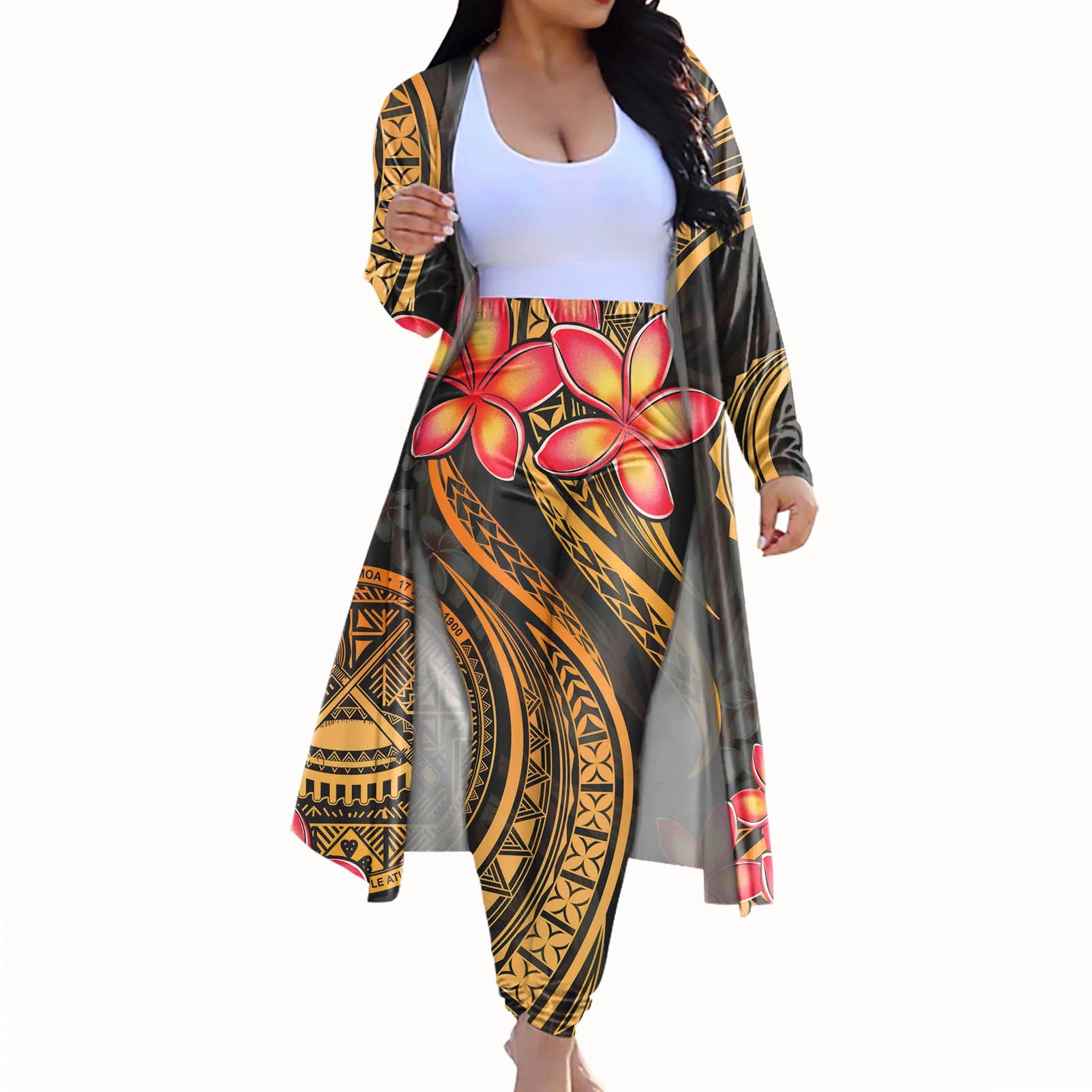 Hibiscus Polynesian Yellow Stripe Print Plus Size Flat Front High Waist Winter Casual 2 Piece Pant Set Women Long Sleeve