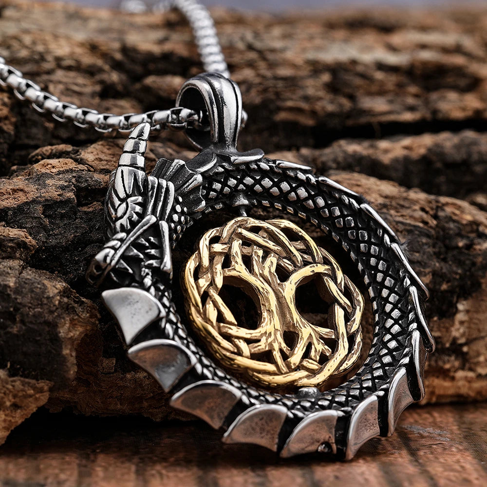 Vintage Rotating Anxiety Fidget Gold Plated Tree of Life Zodiac Animal Jormungand Norse Serpent Viiking Necklace Pendant Set