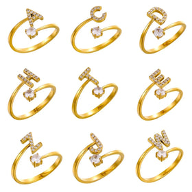 Elegant Letter Ring Cubic Zircon Initial Rings Women Fashion Personalized Stainless Steel Ring Adjustable Diamond Ring
