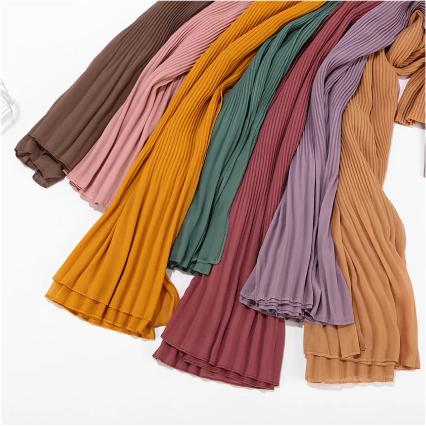 New Design Classic Plain Color Crinkle Pleated Chiffon Shawl Pleated Wholesale Malaysia Instant Women Chiffon Hijab