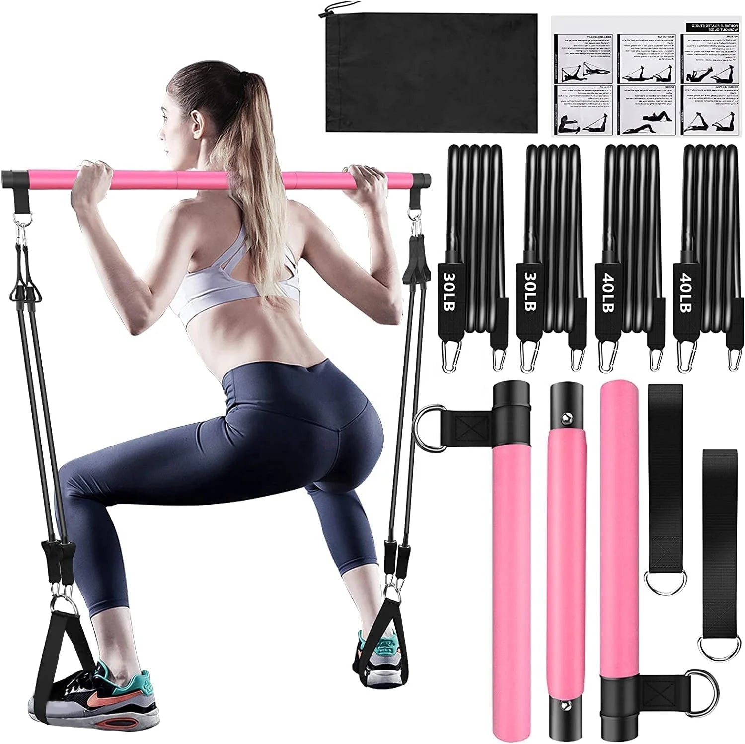 Multifunction Portable 3 Section Portable Yoga Pilates bar Kit with Resistance Bands Exercise Stick