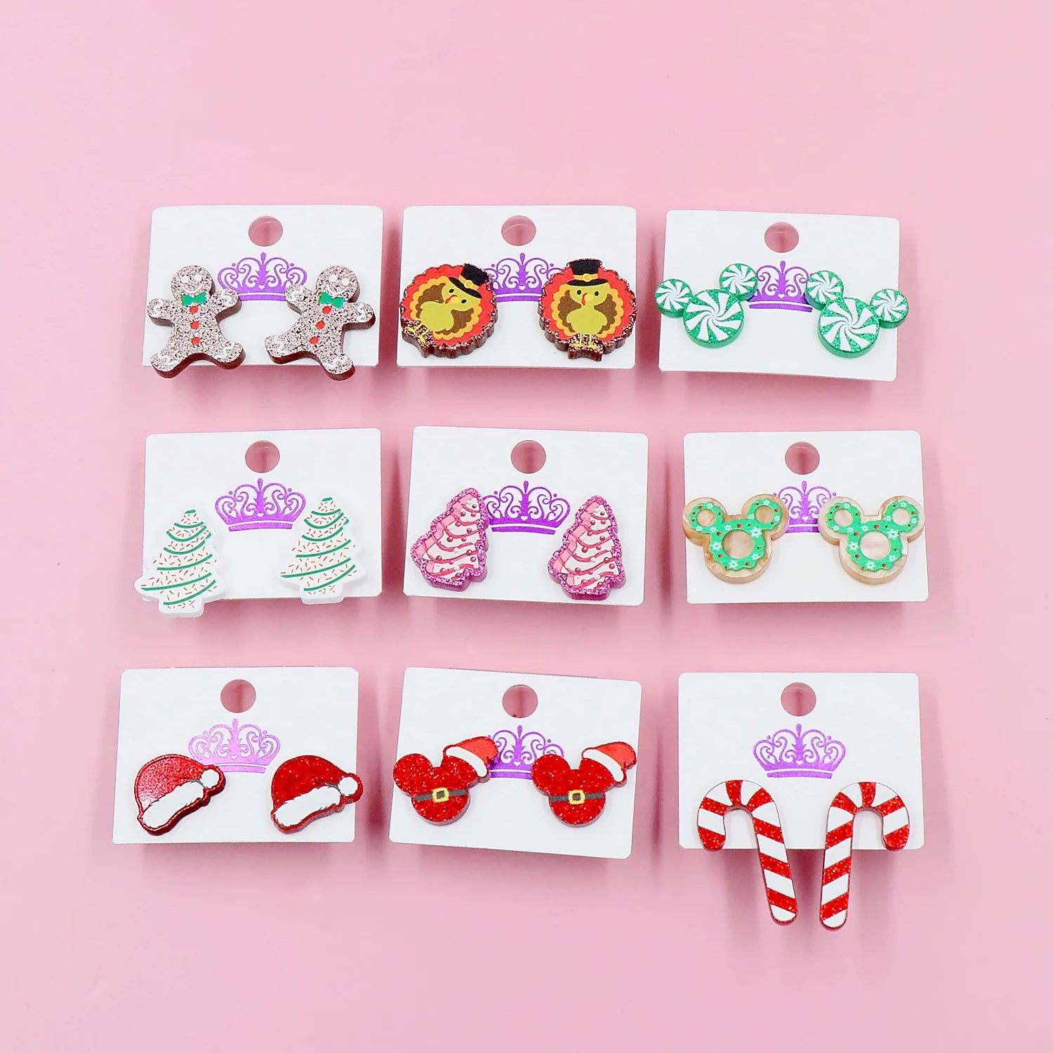 Santa Hats Tree Mouse Head Turkey Glitter Acrylic Christmas Stud Earrings Stainless Steel Jewelry Wholesale