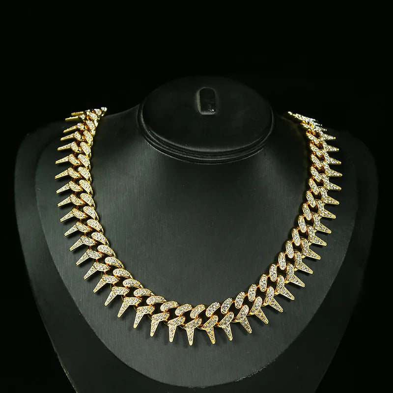 European American Street Style Male Hip Hop Necklace Full Diamond Thorn Cuban Chain Alloy Jewelry Fashionable Neck Chains