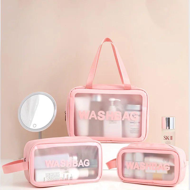 Stock Portable Waterproof Transparent Pvc Makeup Bag Travel Wash Toiletry Clear Cosmetic Bag With Custom Logo