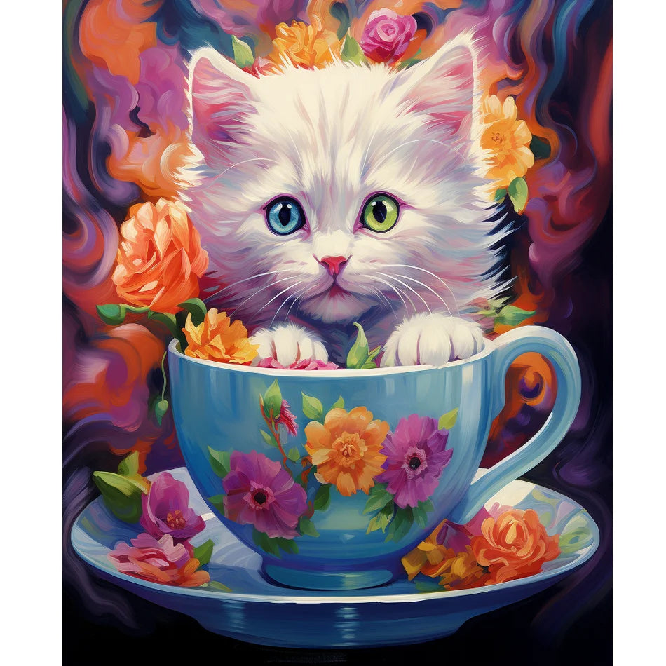 5D Diamond Painting Cat Cup Embroidery Kit Handpainted Cross Stitch for Home Decor 30x40cm/12x16inch Frame Gift