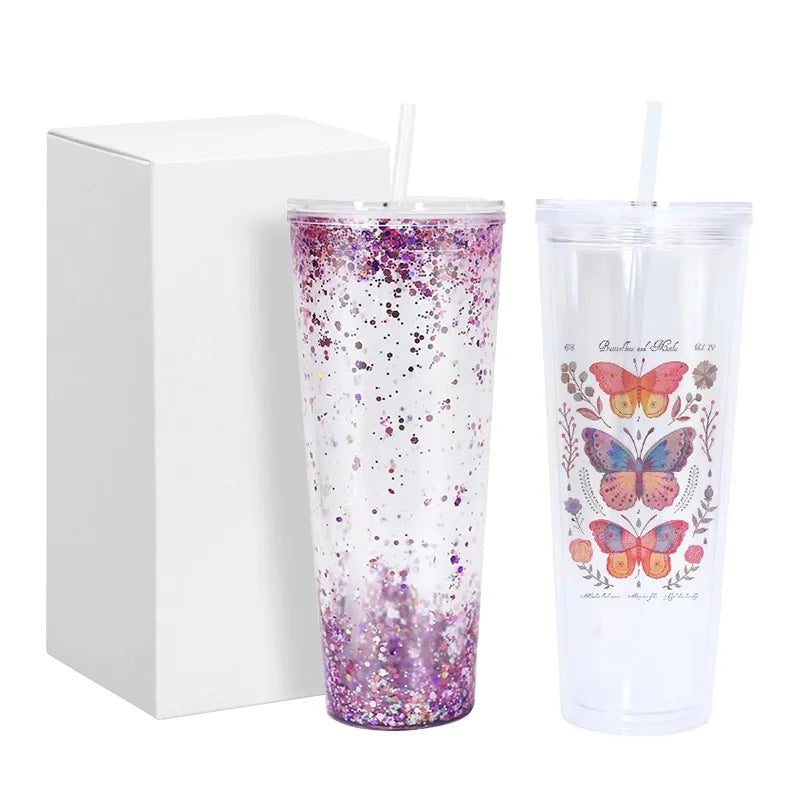 Ready to Ship in China 24oz Clear Double Wall Reusable Plastic Snow Globe Acrylic Tumbler Cup With Pre-drilled Hole and Plug