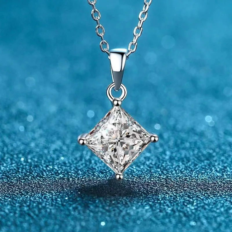 Princess Cut Moissanite Pendant Necklace R.GEM. 925 Silver Rhodium Plated 4-Prong 6.5mm 1ct Square Free Certificate